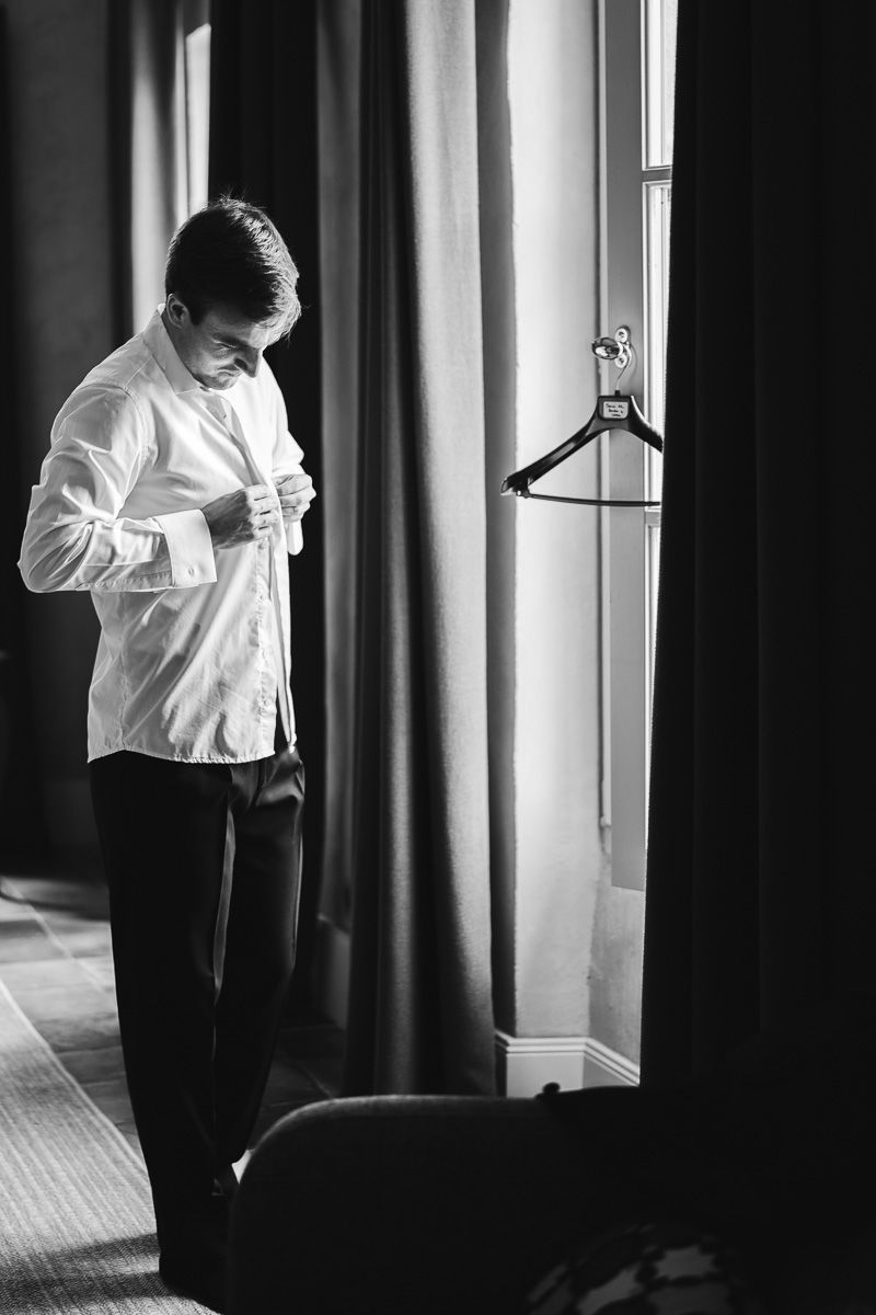 Portrait of the groom during preparations at Halte en Cocagne, Tarn