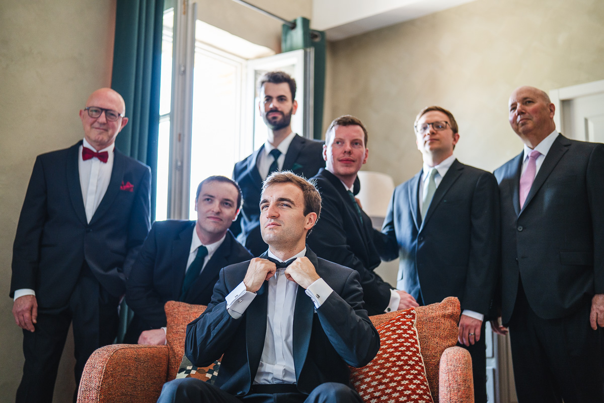 The groom and his groomsmen before the ceremony at Halte en Cocagne, Tarn