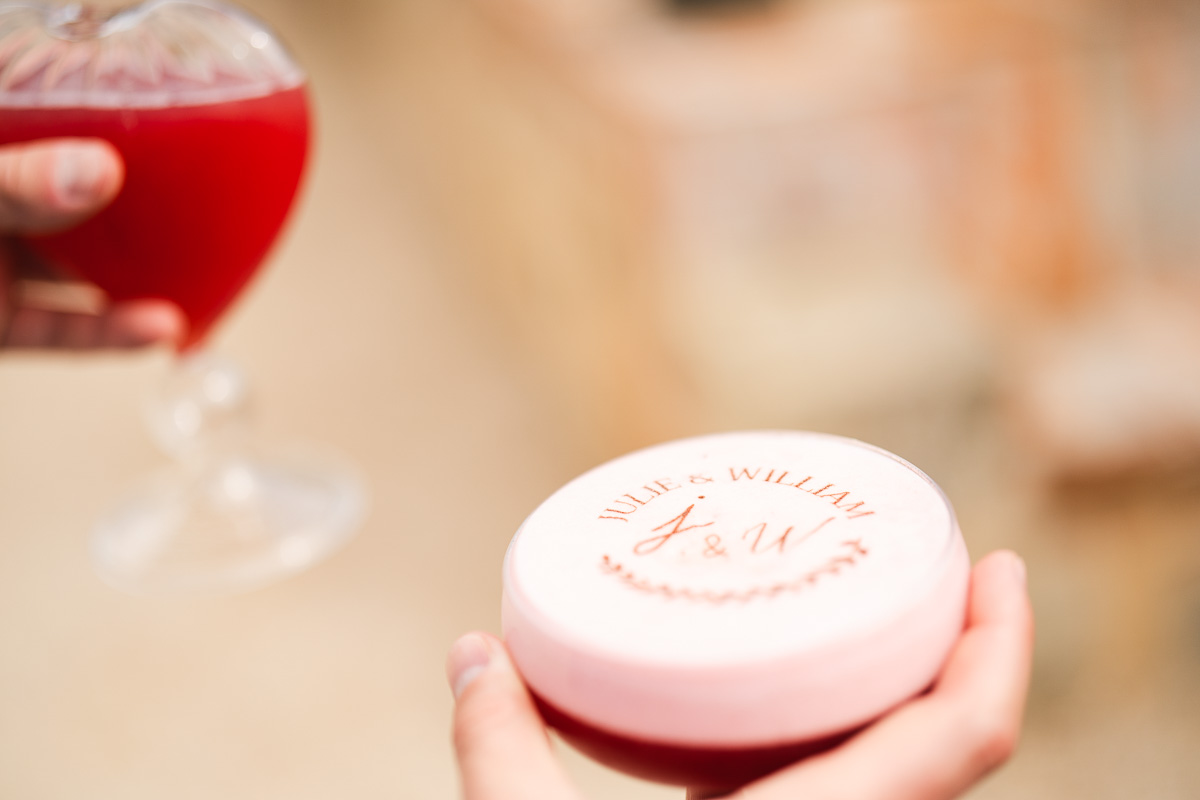 Personalised cocktail with the couple's names in the foam, South Mixology Events