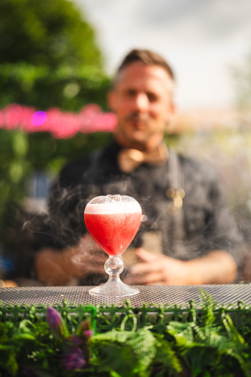 Red cocktail served in a heart-shaped glass, South Mixology Events, Tarn
