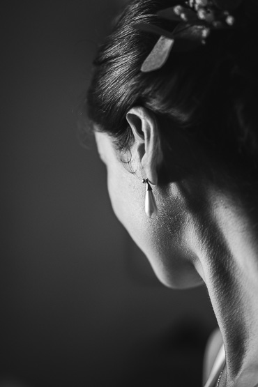 black and white wedding photo, close up of the bride