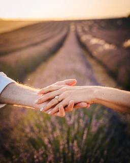 Close-up of a couple's hands showing the engagement ring with lavender fields in Valensole in the background